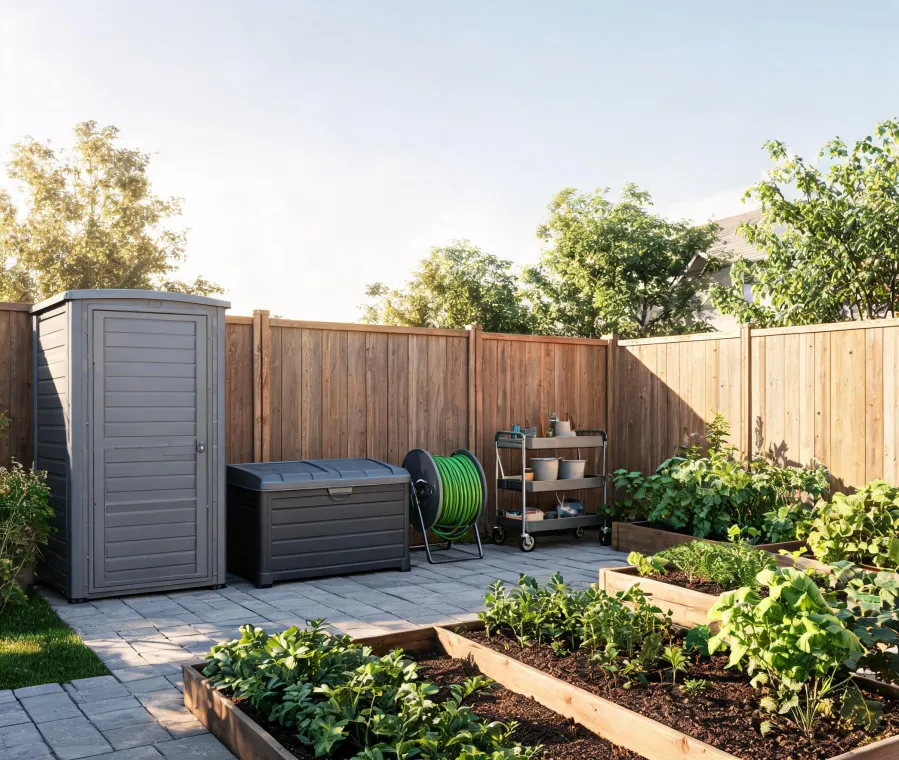 Suncast outdoor storage and hose reel setup